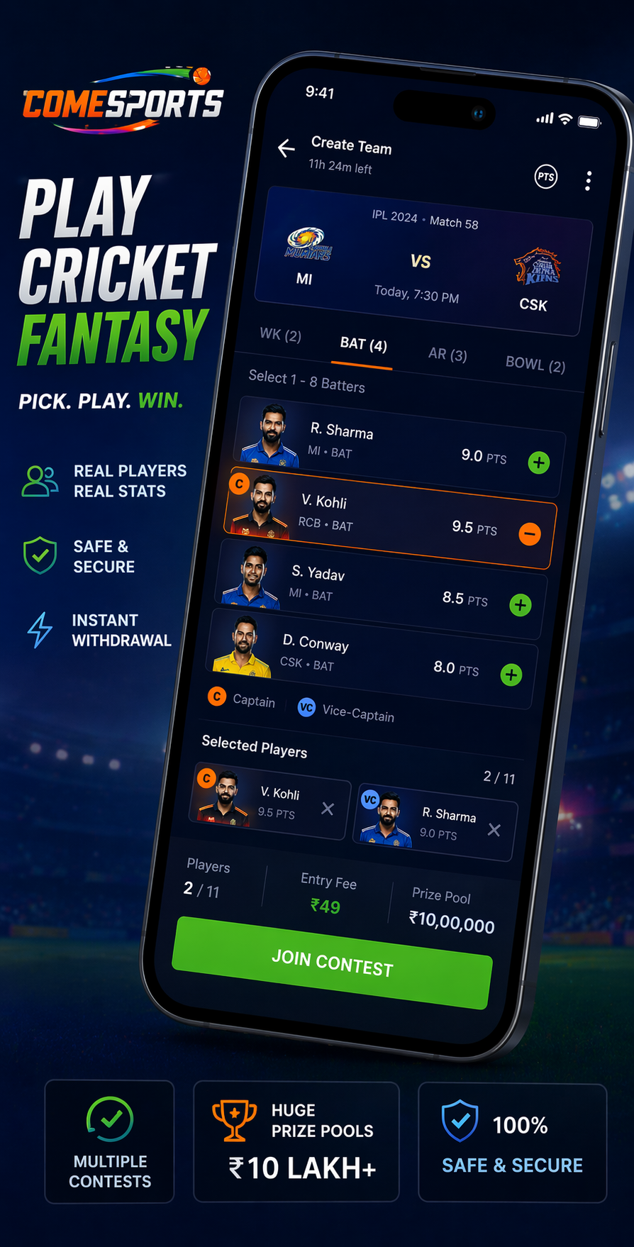 COME APK cricket fantasy visual