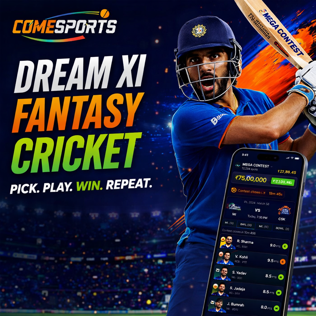 COME APK Dream XI fantasy cricket ad visual